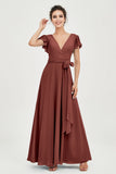 Flutter Sleeves Chiffon V Neck Bridesmaid Dress Women's Formal Evening Prom Gowns Dresses