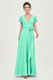 Flutter Sleeves Chiffon V Neck Bridesmaid Dress Women's Formal Evening Prom Gowns Dresses