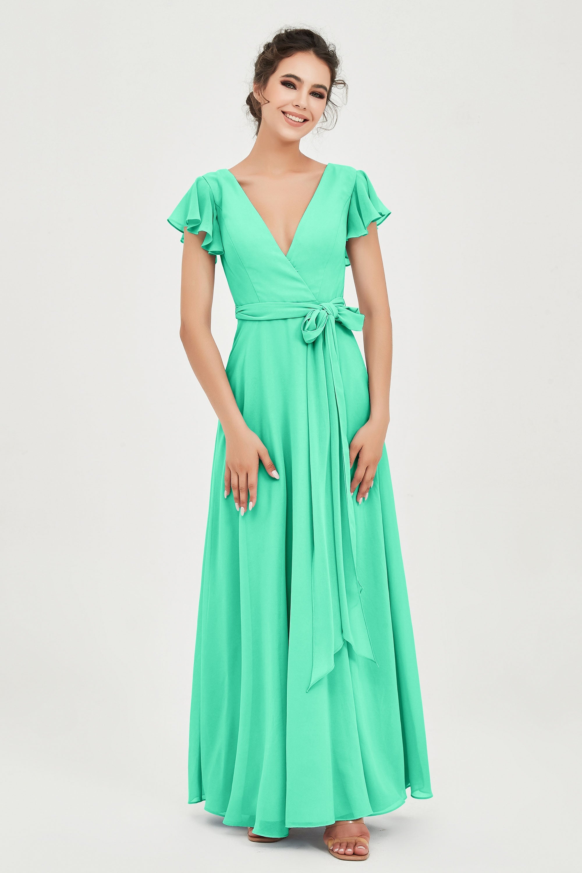 Flutter Sleeves Chiffon V Neck Bridesmaid Dress Women's Formal Evening Prom Gowns Dresses