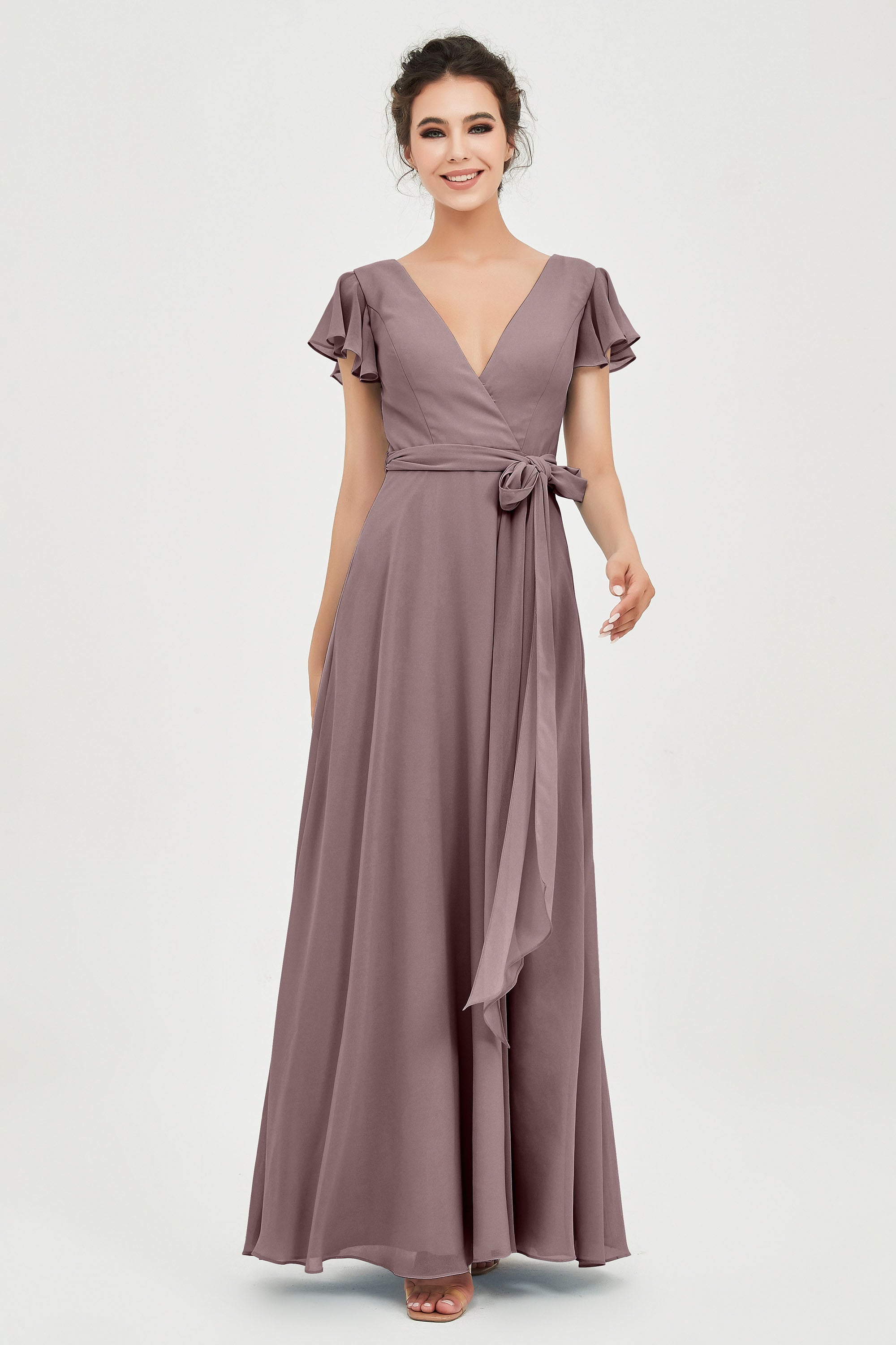 Flutter Sleeves Chiffon V Neck Bridesmaid Dress Women's Formal Evening Prom Gowns Dresses