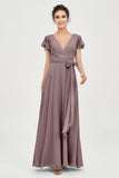 Flutter Sleeves Chiffon V Neck Bridesmaid Dress Women's Formal Evening Prom Gowns Dresses
