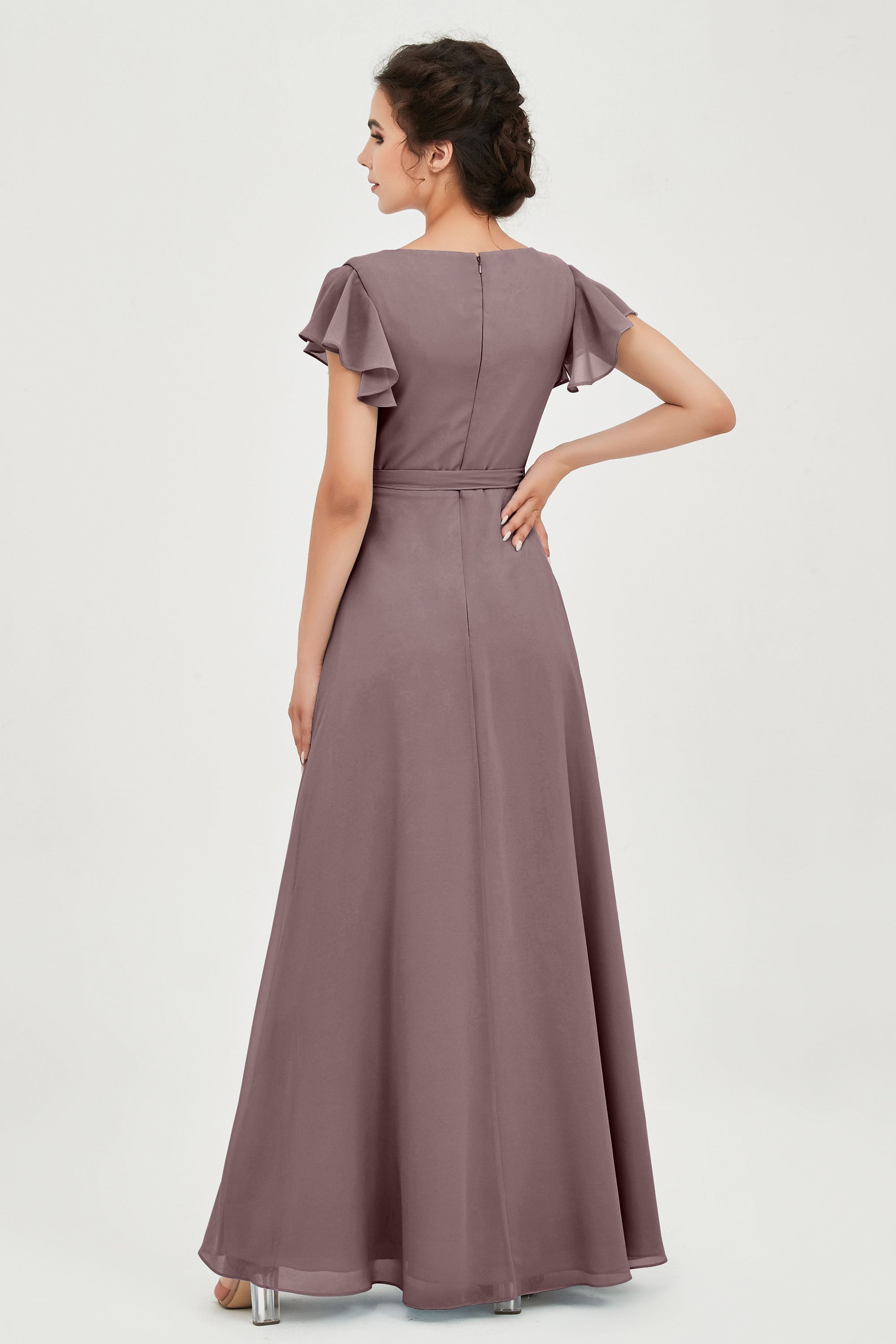Flutter Sleeves Chiffon V Neck Bridesmaid Dress Women's Formal Evening Prom Gowns Dresses