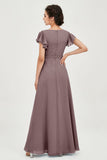 Flutter Sleeves Chiffon V Neck Bridesmaid Dress Women's Formal Evening Prom Gowns Dresses