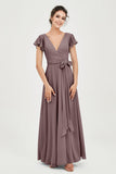 Flutter Sleeves Chiffon V Neck Bridesmaid Dress Women's Formal Evening Prom Gowns Dresses