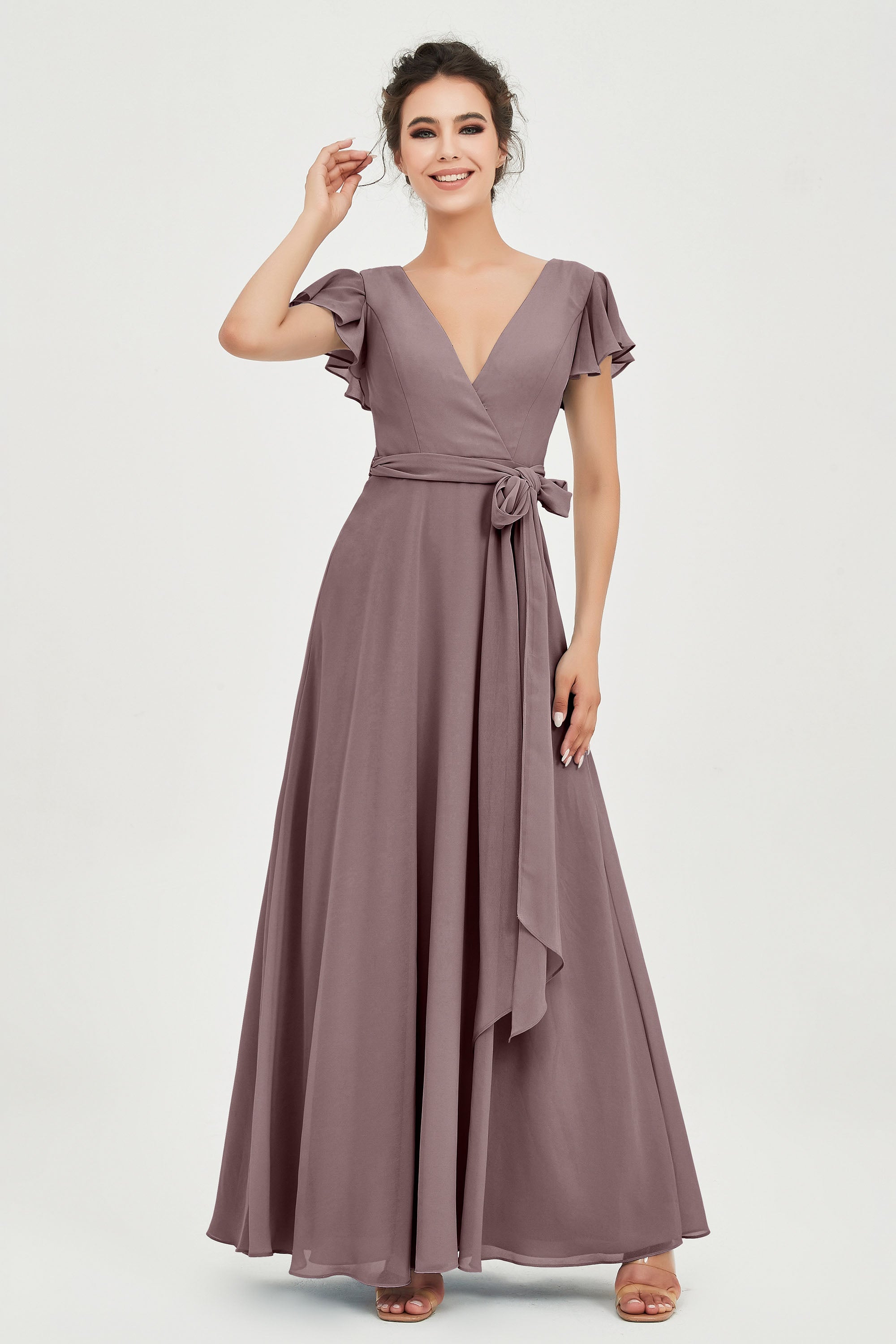 Flutter Sleeves Chiffon V Neck Bridesmaid Dress Women's Formal Evening Prom Gowns Dresses