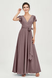 Flutter Sleeves Chiffon V Neck Bridesmaid Dress Women's Formal Evening Prom Gowns Dresses