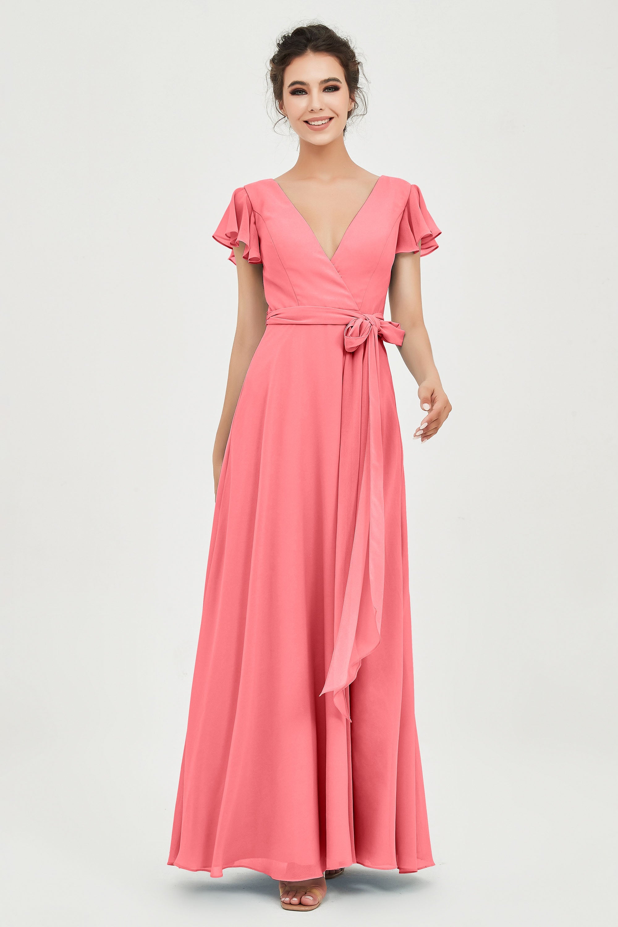 Flutter Sleeves Chiffon V Neck Bridesmaid Dress Women's Formal Evening Prom Gowns Dresses