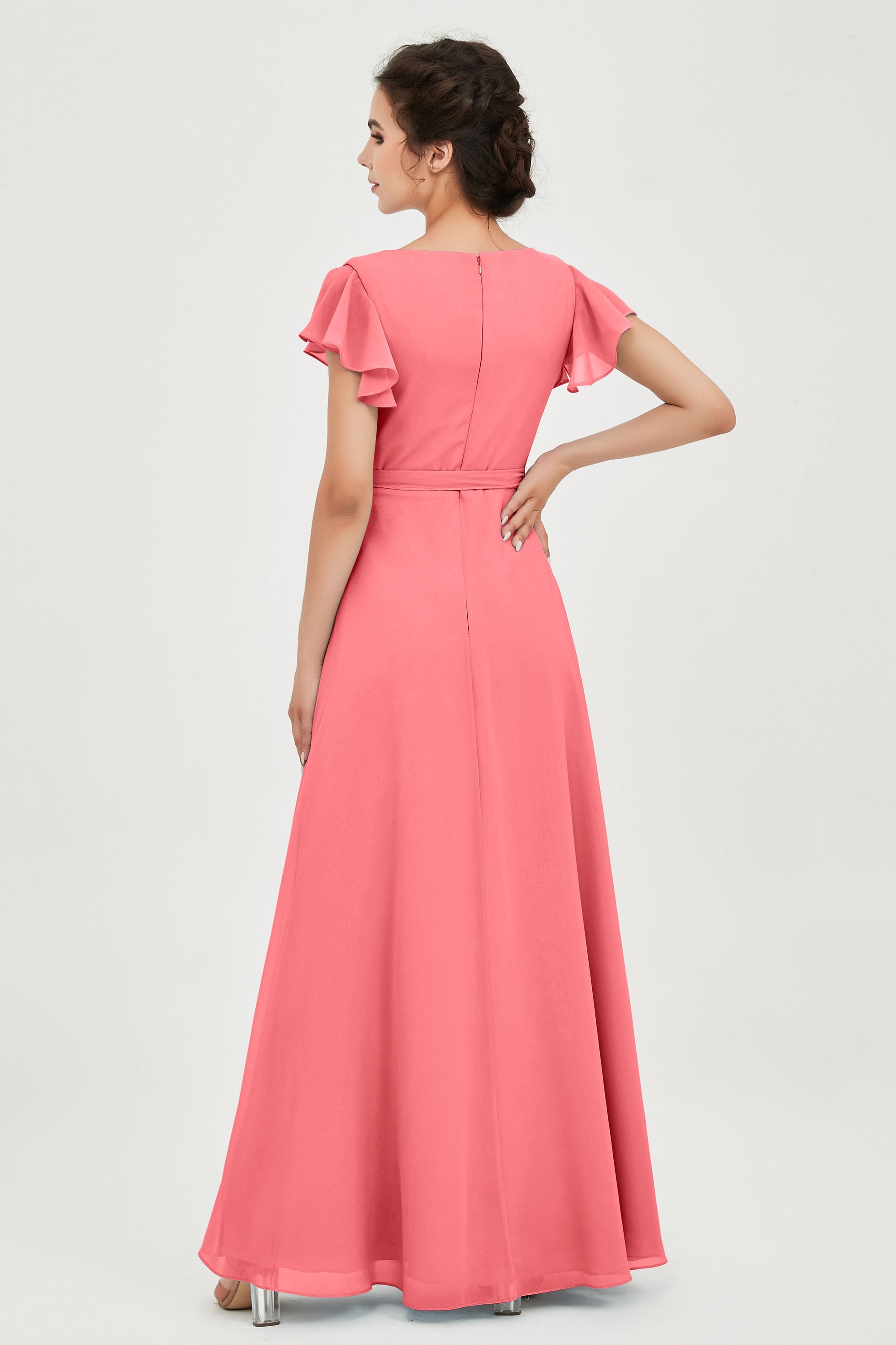 Flutter Sleeves Chiffon V Neck Bridesmaid Dress Women's Formal Evening Prom Gowns Dresses