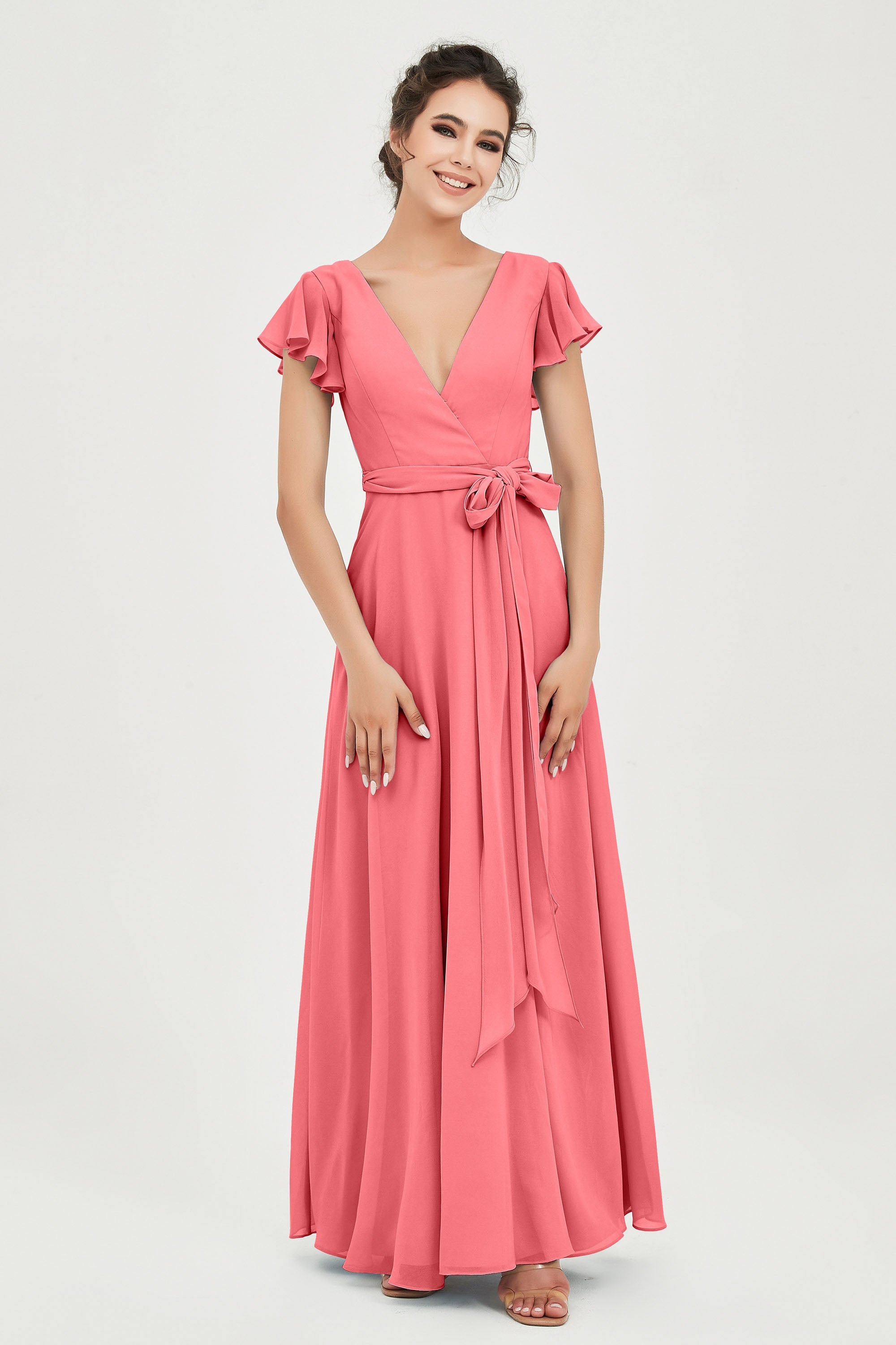 Flutter Sleeves Chiffon V Neck Bridesmaid Dress Women's Formal Evening Prom Gowns Dresses