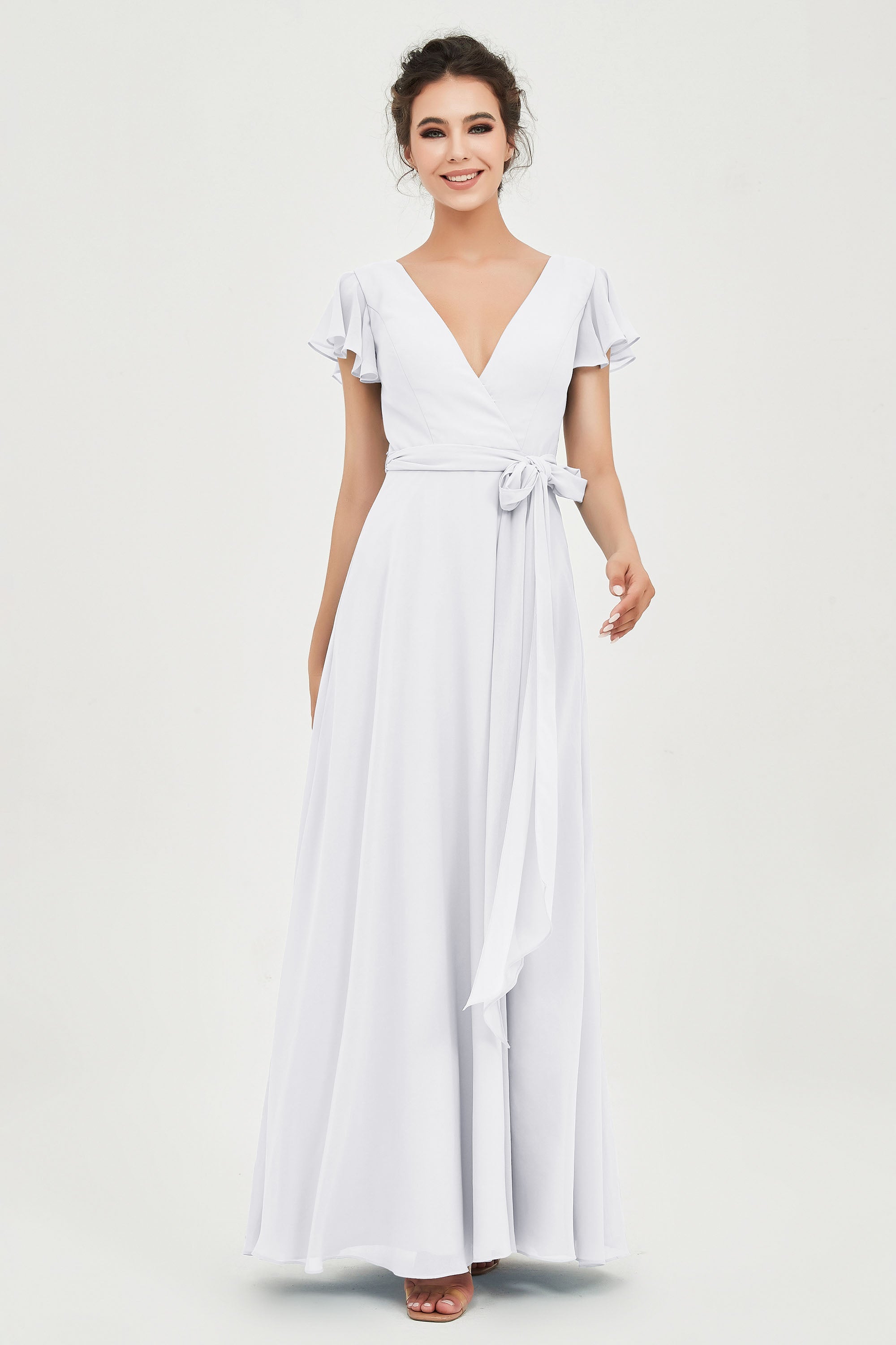 Flutter Sleeves Chiffon V Neck Bridesmaid Dress Women's Formal Evening Prom Gowns Dresses