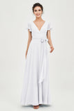 Flutter Sleeves Chiffon V Neck Bridesmaid Dress Women's Formal Evening Prom Gowns Dresses