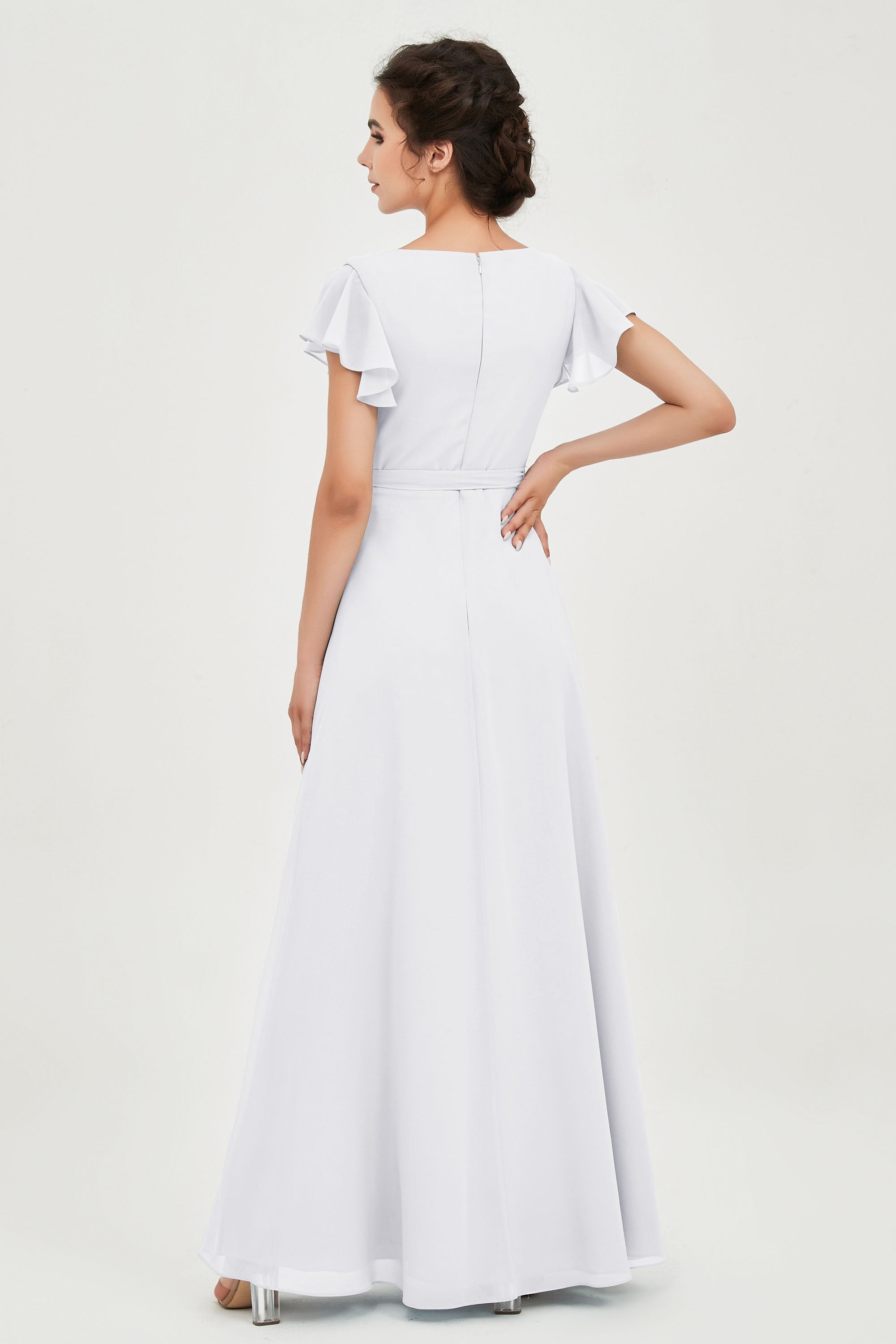 Flutter Sleeves Chiffon V Neck Bridesmaid Dress Women's Formal Evening Prom Gowns Dresses