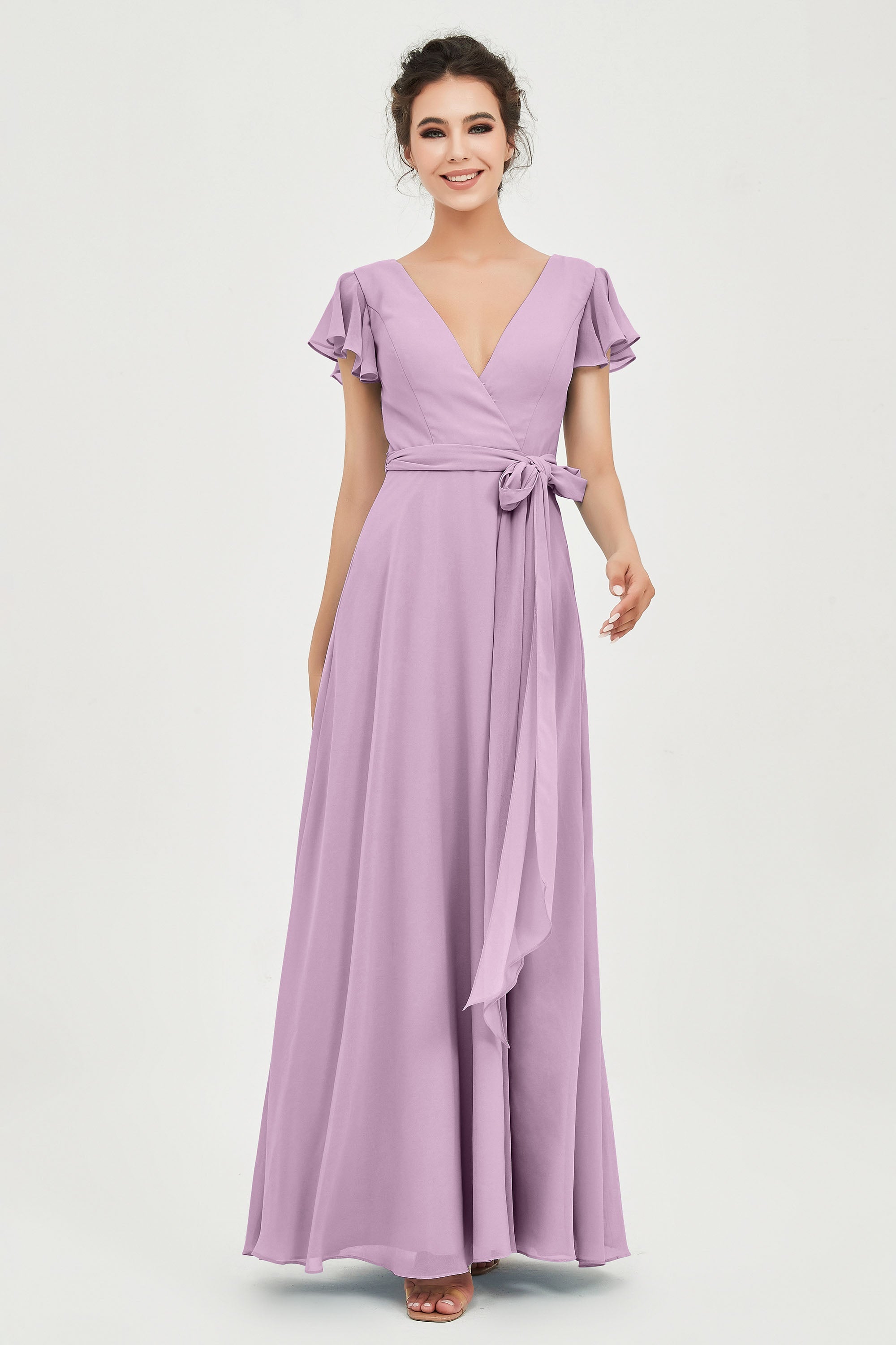 Flutter Sleeves Chiffon V Neck Bridesmaid Dress Women's Formal Evening Prom Gowns Dresses