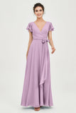 Flutter Sleeves Chiffon V Neck Bridesmaid Dress Women's Formal Evening Prom Gowns Dresses