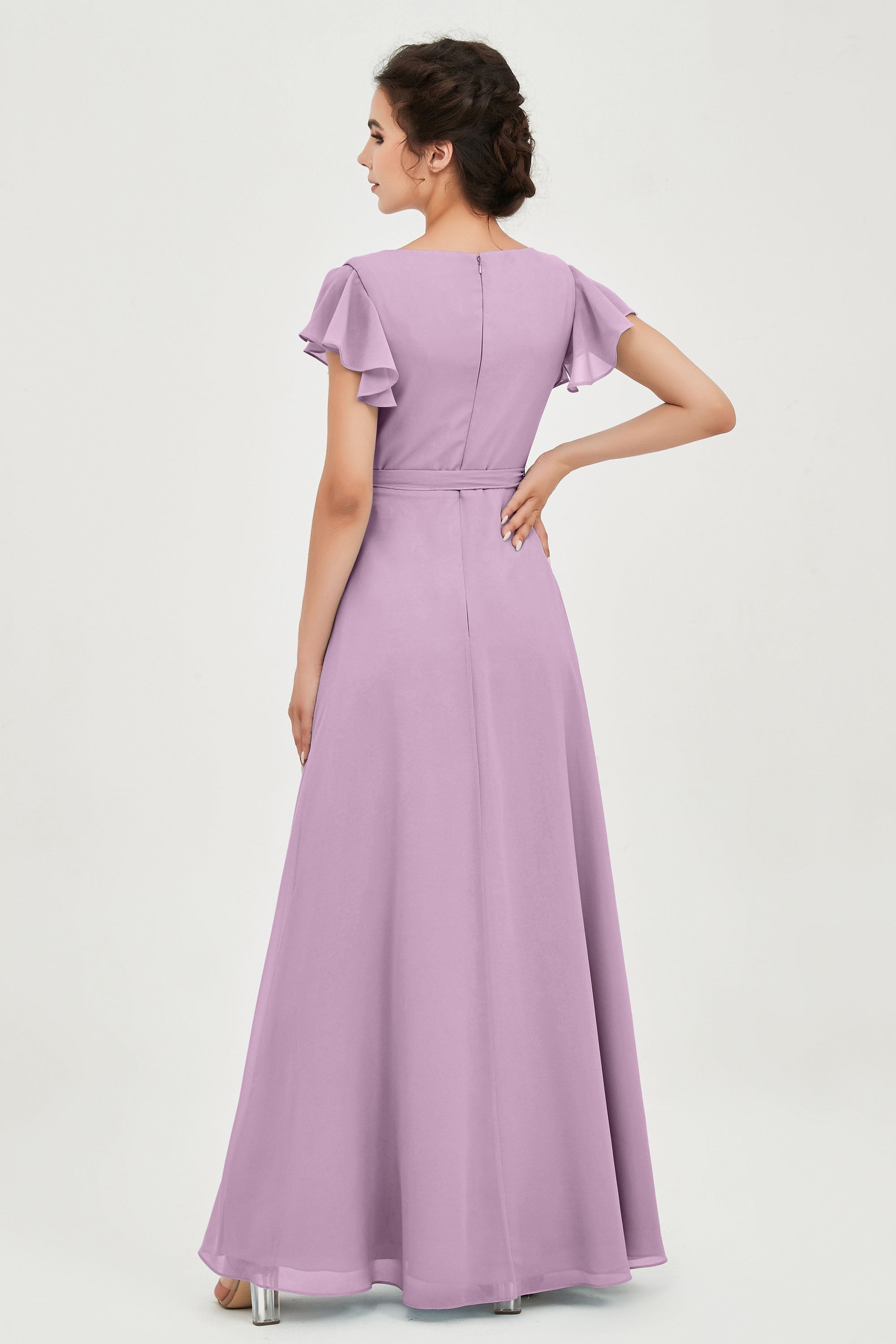 Flutter Sleeves Chiffon V Neck Bridesmaid Dress Women's Formal Evening Prom Gowns Dresses