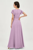Flutter Sleeves Chiffon V Neck Bridesmaid Dress Women's Formal Evening Prom Gowns Dresses