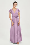 Flutter Sleeves Chiffon V Neck Bridesmaid Dress Women's Formal Evening Prom Gowns Dresses