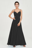 Vestido de dama de honor de gasa con tirantes finos y largo hasta los tobillos, fruncido, formal, de noche 