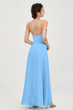Vestido de dama de honor de gasa con tirantes finos y largo hasta los tobillos, fruncido, formal, de noche 