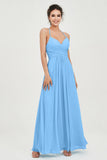 Vestido de dama de honor de gasa con tirantes finos y largo hasta los tobillos, fruncido, formal, de noche 