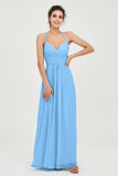 Vestido de dama de honor de gasa con tirantes finos y largo hasta los tobillos, fruncido, formal, de noche 