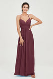 Vestido de dama de honor de gasa con tirantes finos y largo hasta los tobillos, fruncido, formal, de noche 