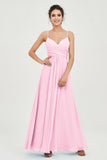 Vestido de dama de honor de gasa con tirantes finos y largo hasta los tobillos, fruncido, formal, de noche 