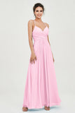Vestido de dama de honor de gasa con tirantes finos y largo hasta los tobillos, fruncido, formal, de noche 