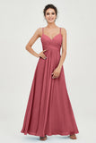 Vestido de dama de honor de gasa con tirantes finos y largo hasta los tobillos, fruncido, formal, de noche 