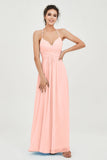 Vestido de dama de honor de gasa con tirantes finos y largo hasta los tobillos, fruncido, formal, de noche 