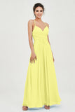 Vestido de dama de honor de gasa con tirantes finos y largo hasta los tobillos, fruncido, formal, de noche 
