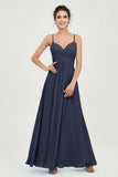 Vestido de dama de honor de gasa con tirantes finos y largo hasta los tobillos, fruncido, formal, de noche 