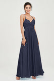 Vestido de dama de honor de gasa con tirantes finos y largo hasta los tobillos, fruncido, formal, de noche 