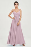 Vestido de dama de honor de gasa con tirantes finos y largo hasta los tobillos, fruncido, formal, de noche 