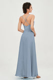 Vestido de dama de honor de gasa con tirantes finos y largo hasta los tobillos, fruncido, formal, de noche 
