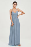 Vestido de dama de honor de gasa con tirantes finos y largo hasta los tobillos, fruncido, formal, de noche 
