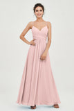Vestido de dama de honor de gasa con tirantes finos y largo hasta los tobillos, fruncido, formal, de noche 