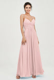 Vestido de dama de honor de gasa con tirantes finos y largo hasta los tobillos, fruncido, formal, de noche 
