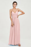 Vestido de dama de honor de gasa con tirantes finos y largo hasta los tobillos, fruncido, formal, de noche 