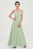 Vestido de dama de honor de gasa con tirantes finos y largo hasta los tobillos, fruncido, formal, de noche 