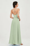 Vestido de dama de honor de gasa con tirantes finos y largo hasta los tobillos, fruncido, formal, de noche 