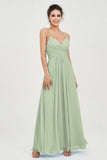 Vestido de dama de honor de gasa con tirantes finos y largo hasta los tobillos, fruncido, formal, de noche 