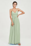 Vestido de dama de honor de gasa con tirantes finos y largo hasta los tobillos, fruncido, formal, de noche 