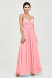 Vestido de dama de honor de gasa con tirantes finos y largo hasta los tobillos, fruncido, formal, de noche 
