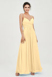 Vestido de dama de honor de gasa con tirantes finos y largo hasta los tobillos, fruncido, formal, de noche 