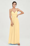 Vestido de dama de honor de gasa con tirantes finos y largo hasta los tobillos, fruncido, formal, de noche 
