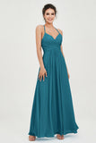Vestido de dama de honor de gasa con tirantes finos y largo hasta los tobillos, fruncido, formal, de noche 