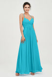 Vestido de dama de honor de gasa con tirantes finos y largo hasta los tobillos, fruncido, formal, de noche 
