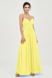 Vestido de dama de honor de gasa con tirantes finos y largo hasta los tobillos, fruncido, formal, de noche 