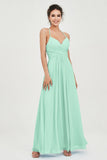 Vestido de dama de honor de gasa con tirantes finos y largo hasta los tobillos, fruncido, formal, de noche 